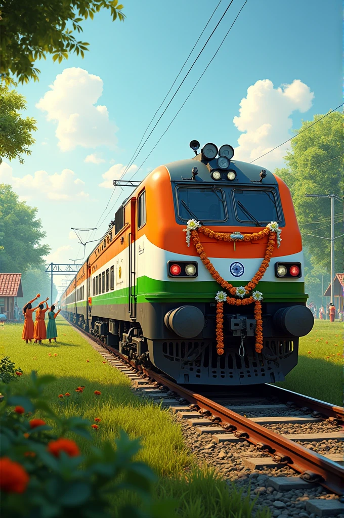 An Indian train beautifully decorated to celebrate Indian Independence Day, adorned with the tricolor flag of India (saffron, white, and green) and floral garlands. The train is moving through a vibrant rural Indian landscape with lush green fields, small houses, and people in traditional Indian attire waving the national flag. The sky is clear, symbolizing a bright future. The train is modern yet carries elements of traditional Indian design, with colorful rangoli patterns painted on the carriages. The scene captures a festive and patriotic atmosphere."