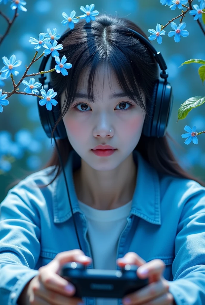 Korean gaming lady hands blue colour flowers with headphone gaming