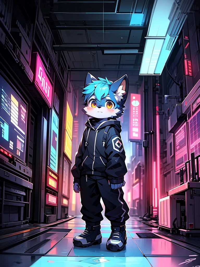 Shota，puppy，Shorty，Q version，Cyberpunk，Full body front，Blank Background，Setting diagram