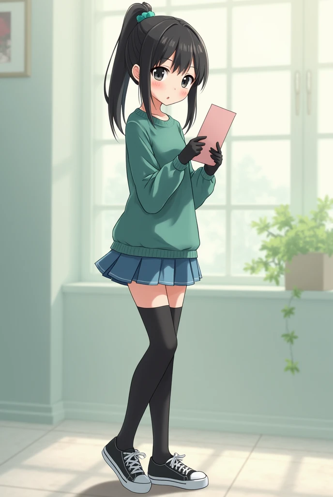 Anime beautiful blushing shy girl Ayato Aishi holding love letter. Ayano Aishi has pale skin, dark grey eyes, and straight, mid-back length black hair. She stands at a height of 165 cm (5 ft. 5 in), weighs 43.5 kg (96 lbs.), and has average-sized breasts. Her hair is tied into a high ponytail with sharp bangs swept to the right, the middle one being the most prominent, and two strands of hair that frame her face, reaching to her shoulders. Ayano will wear a teal-green shirt, blue denim skirt, black thigh high socks, black gloves, and sneakers. 