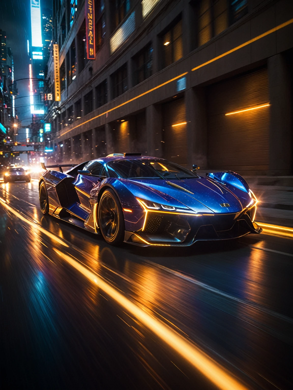a sci-fi sportscar passing by, light speed, flash, motion trail, a shining star(sun) in the background, motion blur, epic visual effects, interstellar, flow, detailed, scifi, star blast, dark vibrant colors, cosmic art, stars in background, cinematic scene, lens flare, god rays, glow, art of Doug Chiang and John Park glowneon, glowing, sparks, lightning, ultra detailed dramatic lighting