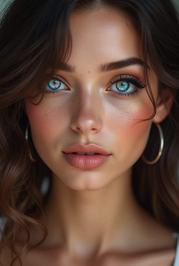 Brunette girl with a galaxy-like gaze full of life, small but upturned nose, big, full lips, mole on left cheek, halfway up cheek, eyelids made up and eyeliner