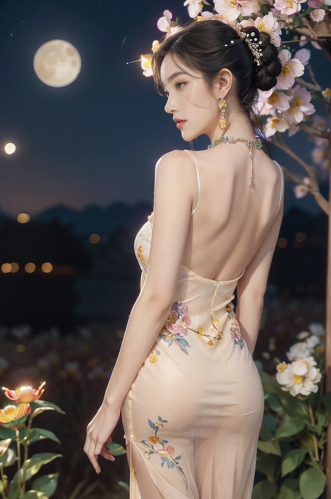 (((best quality))),(((ultra detailed))),(((masterpiece))),illustration,((1 girl,solo)),(neat chignon:1.2),(beautiful face:1.3),((earrings,crystal necklace)),((slim,thin)),((bare back,towering hips,butt crack)),(stockings:1.3),(a moon in the clear night sky as the background:1.3), gentle glow,(Standing in the world full of vibrant flowers:1.3),(gorgeous sheer Chinese dress:1.3),sparkling eyes,graceful,(surrounded by crowded colorful flowers:1.5), kaleidoscope, shimmer,bright moonlight, delicate petals, fragrance, otherworldly, magical realm, enchantment, tranquility, essence of beauty, peace,(outdoor:1.2),(night scene:1.3),((from back,upper body))