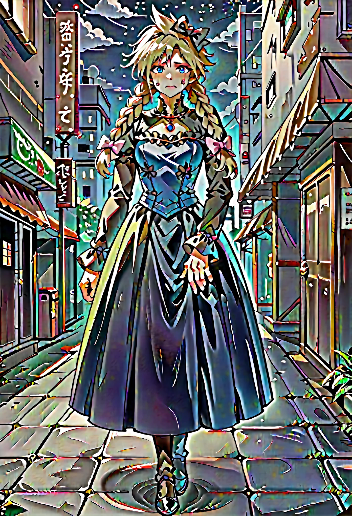 score_9, score_8_up, score_7_up, source_anime, 1girl, solo, female focus, female body, dressCloud, crossdressing, blonde hair, twin braids, hair bow, frilled dress, black dress, puffy sleeves, long sleeves, long dress ,standing, nervous, blushing, full body, looking at you, metallic city, dark sky, night,