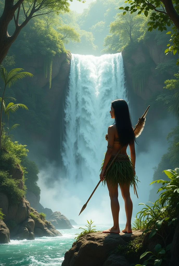An adult cabocla with straight hair, wearing a small leaf skirt and a top with a feather on the front of her head and holding a spear, at a forest, on top of a small rock looking at a waterfall