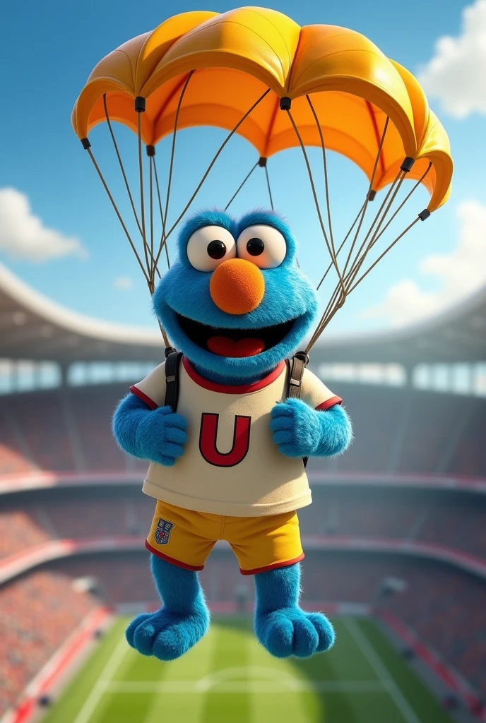 a cheerful blue character from Sesame Street, Pancho Contreras, with yellow eyes with black pupils, a nose the color of an egg, brown eyebrows, wearing a cream-colored soccer jersey with a cherry-colored U, parachuting from a helicopter toward a soccer stadium