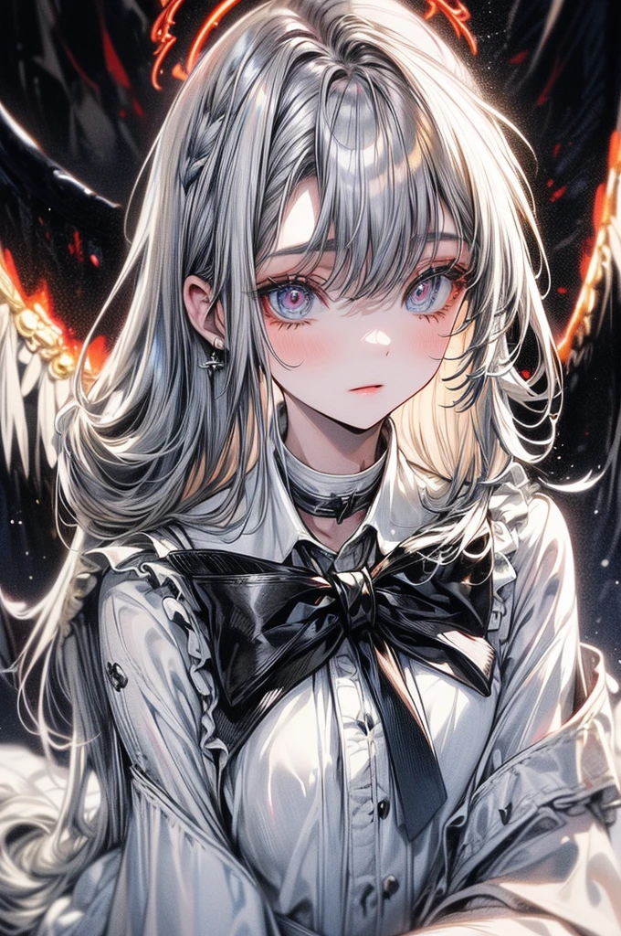 masterpiece, exquisite, illustration, {beautiful and meticulous girl}, beautiful and detailed halo, (fire of war: 1.2), (nuclear explosion behind: 1.3), rain, detailed lighting, detail water, (beautiful and detailed eyes: 1.1), expressionless, palace, sky blue hair, scattered hair, long bangs, eyebrows, (white-gray dress: 1.1), black ribbon, white bow tie, upper abdomen, big forehead, dull, flower, long sleeves