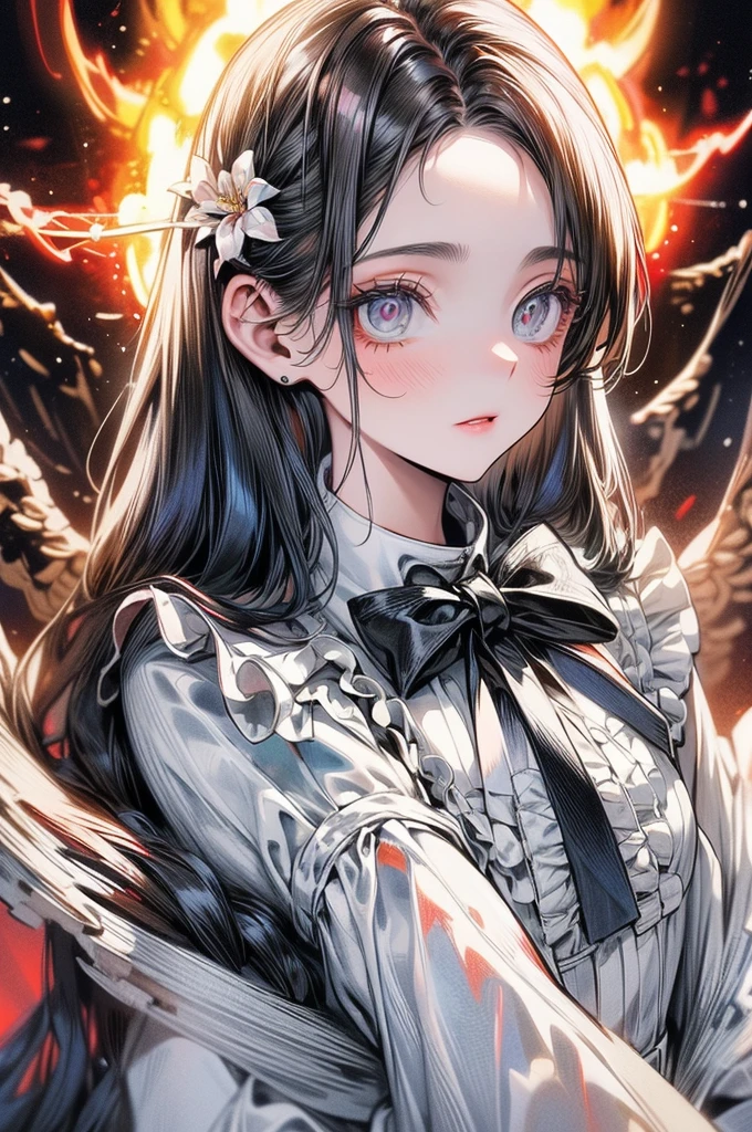 masterpiece, exquisite, illustration, {beautiful and meticulous girl}, beautiful and detailed halo, (fire of war: 1.2), (nuclear explosion behind: 1.3), rain, detailed lighting, detail water, (beautiful and detailed eyes: 1.1), expressionless, palace, sky blue hair, scattered hair, long bangs, eyebrows, (white-gray dress: 1.1), black ribbon, white bow tie, upper abdomen, big forehead, dull, flower, long sleeves