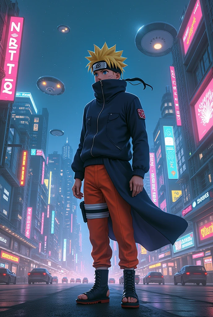 Create Naruto in a futuristic city, at night, with technological properties, and with flying cars and with some flying saucers