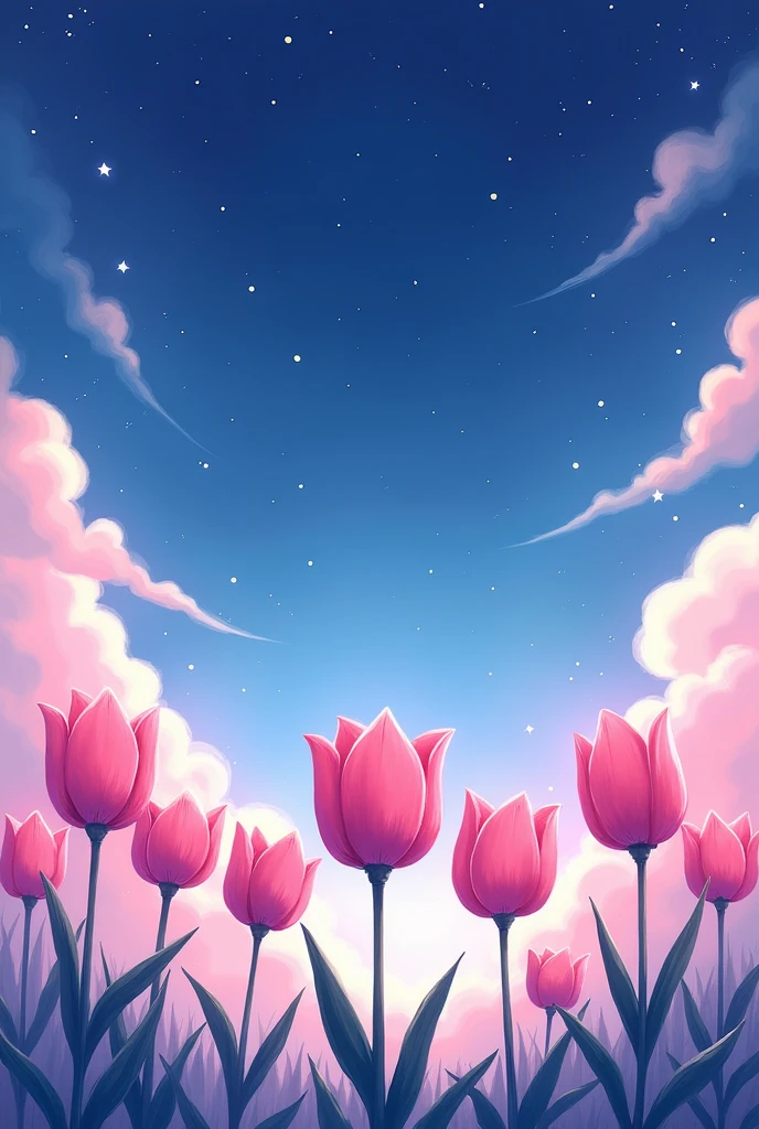 I want a row of pink tulip flowers with dreamy clouds and some stars as well, which will give an aesthetic effect. Make it more like the one we see in anime. Make the tulips more cartoonish.