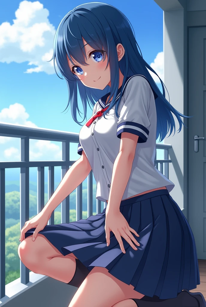 Japanese teen blue hair schoolgirl sitting on a balcony has her skirt lifted while she shoves a black dildo up her vagina anime style