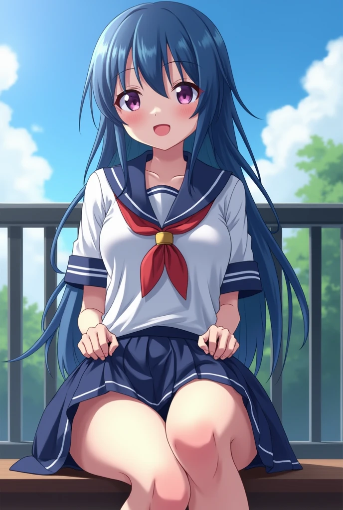 Japanese blue hair schoolgirl sitting on a balcony has her skirt lifted while she shoves a black dildo up her vagina anime style