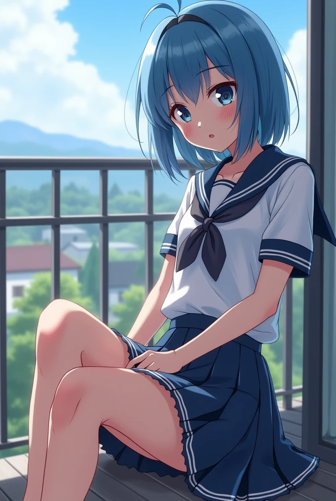 Japanese teen blue hair schoolgirl sitting on a balcony has her skirt lifted while she shoves a black dildo up her vagina anime style