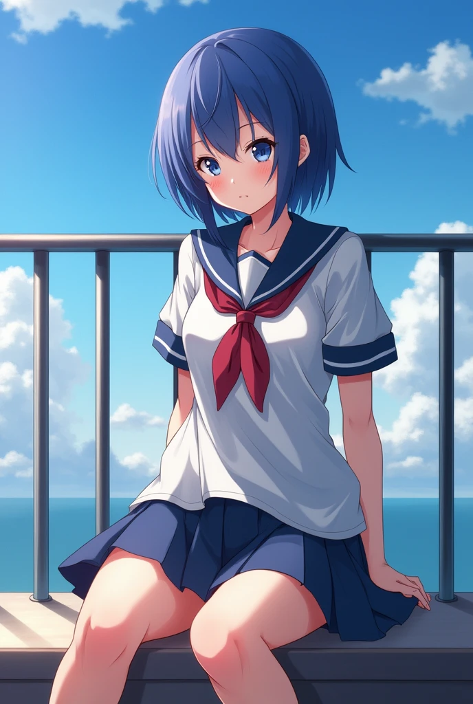 Japanese teen blue hair schoolgirl sitting on a balcony has her skirt lifted while she shoves a black dildo up her vagina anime style