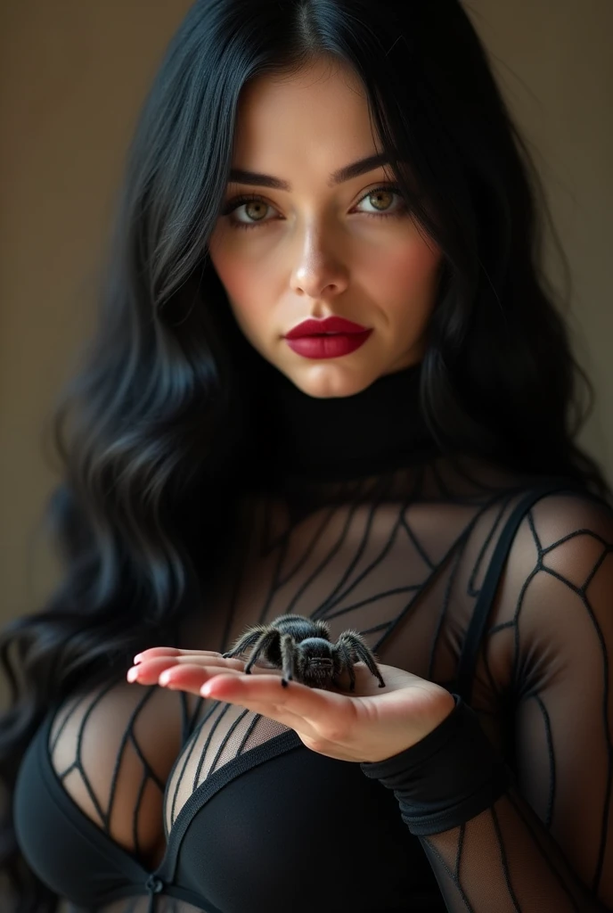 ultra realistic, photography, portrait, close-up, extreme close-up, long black straight hair, (30 years old, hazel eyes, hourglass figure, perfect fit body, slightly tanned skin, natural big breasts), red lipstick, she is wearing a tight black turtleneck top with a sheer spiderweb design, she has a tarantula crawling over her hand