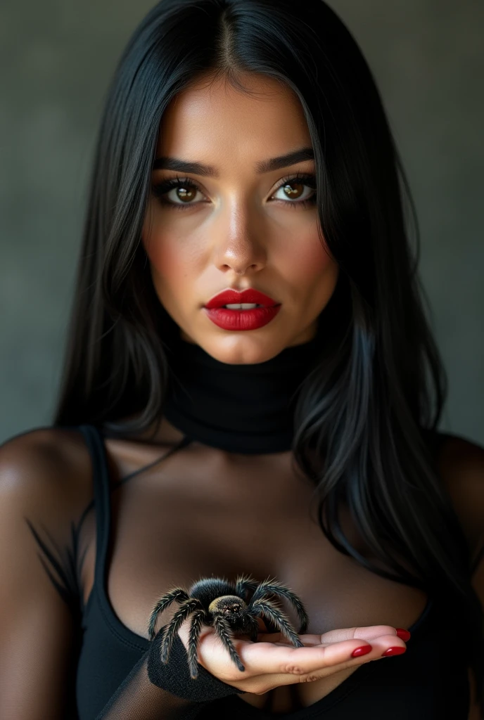 ultra realistic, photography, portrait, close-up, extreme close-up, long black straight hair, (30 years old, hazel eyes, hourglass figure, perfect fit body, slightly tanned skin, natural big breasts), red lipstick, she is wearing a tight black turtleneck top with a sheer spiderweb design, she has a tarantula crawling over her hand