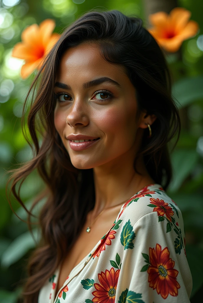 A Brazilian woman in a lush tropical garden, wearing an open shirt with a floral print, with a close-up capturing the harmonious beauty between her breasts and the natural flowers, showing off your natural charm and outgoing personality.