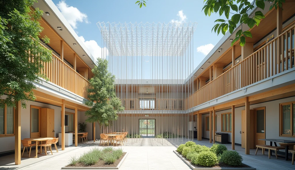 This is a baseball player's dormitory. It's a two-story building. The common area on the first floor includes a living room, a kitchen, and a space with an art installation of 12 acrylic tubes, each 15 centimeters wide.