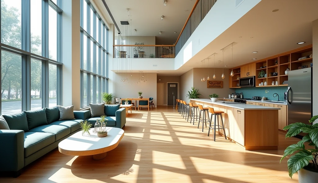 This is a baseball player's dormitory. It's a two-story building. The common area on the first floor includes a living room, a kitchen, and a space with an art installation of 12 acrylic tubes, each 15 centimeters wide.