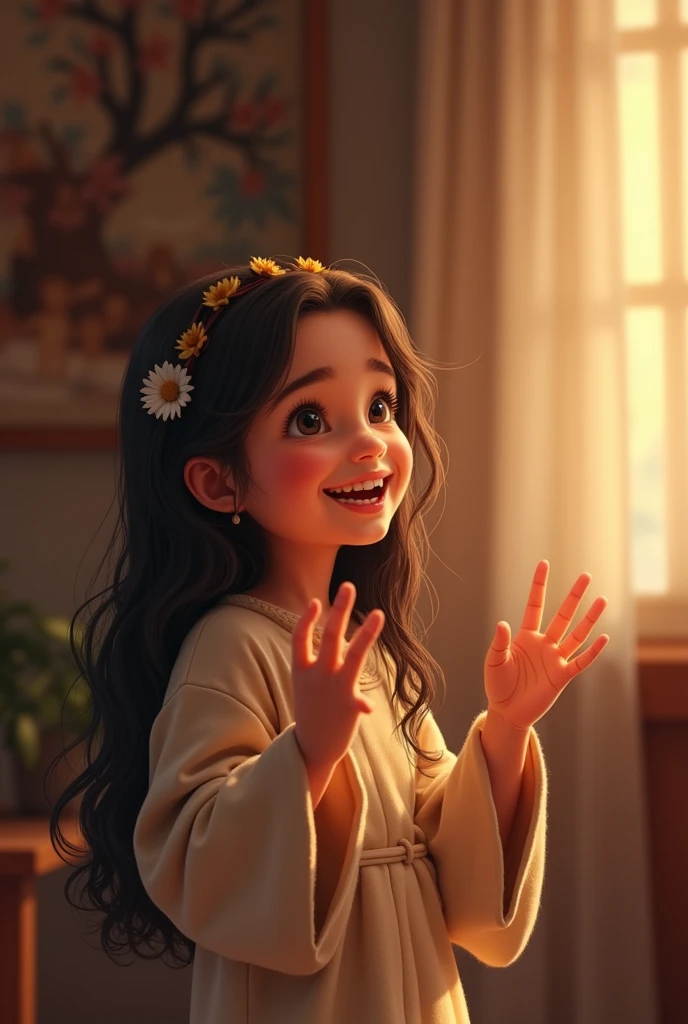 smiling girl telling story of jesus looking at you
