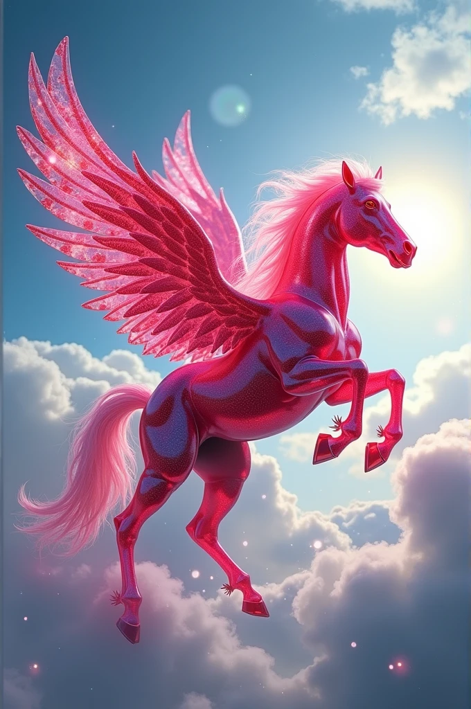Two winged horse, made of Ruby gemstone, flying in heaven