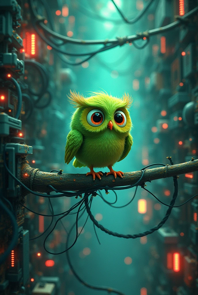 a green cartoon owl, digital universe, wiring, electronic components, intricate details, vibrant colors, 8k, photorealistic, cinematic lighting, masterpiece