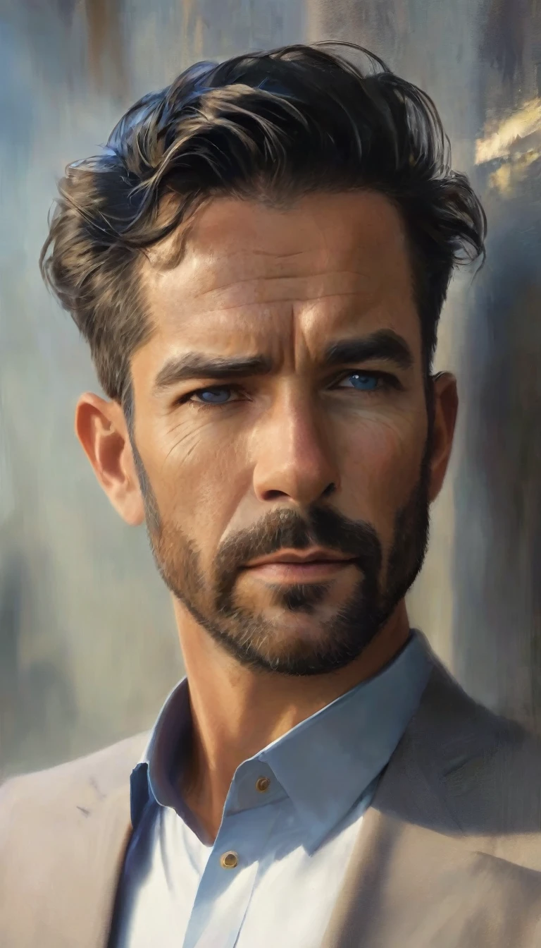 Create a realistic image of a male narrator with a serious and thoughtful expression, appropriate for a channel focused on real facts and crime stories. The man should be in his early 40s, with short dark hair, neatly trimmed facial hair, and wearing a dark, professional outfit. The background should be simple and slightly darkened to maintain a serious tone, allowing the focus to remain on the narrator.