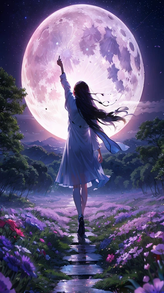 1 person, Straight Long Hair, dress, Calm posture, Porcelain-like skin, Sea of night、Fantastic Moon