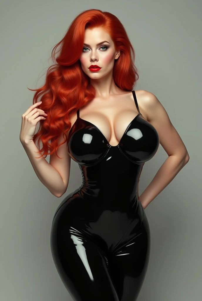 One woman with red hair in black latex with huge inflated tits