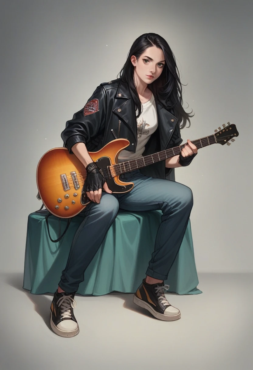 Photo Realistic full body sexy metal girl with a electric guitar long and culry black hair perfect body, black learher jacket in a show