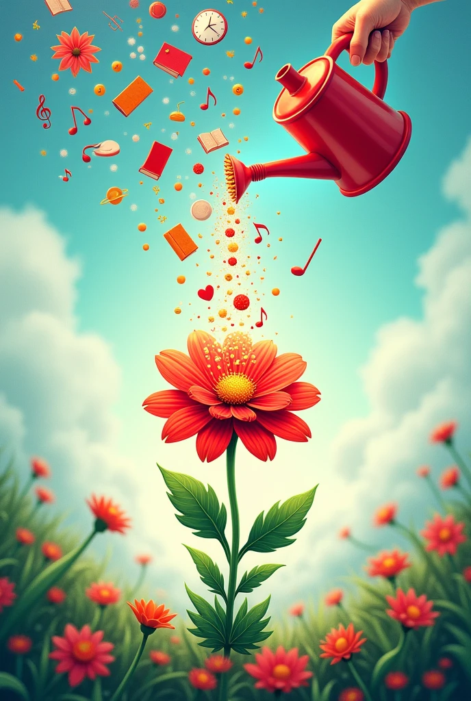 Red flower, blue and white, being watered by a watering can that produces,books,hearts,musical notes,numbers,LETTERS,pellets,Brushes.