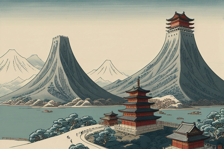 A picture of a mountain with a tower in front, Digital painting inspired by Kanbei Yoshida, Trending on Art Station, Ukiyo-e, In the Ukiyo-e art style, Japanese art style, Japanese Landscape, japanese woodblock print style, Ukiyo-e style, Japanese painting, Ukiyo-e style