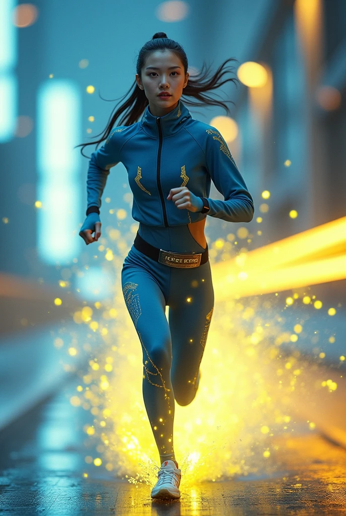 Chinese japan women average age wear jumpsuit high tech(( blue yellow)) ((age 15year old)). high tech belt. ))Running effect. flat chest. Glowing yellow power.((wear jacket blue))short girl. Runfast effect.(( turtle neck dress)).. ((Wear blue big round glasses big frame)).running speed of light . latex suit. big tight.((flat chest breast)) running athlete.pontytail hair. Braces teeth.((running racing track )).Bokeh background. Panning effect. Yellow high tech watch. a beautiful young chinese women, , wearing a high-tech blue and yellow very tight jumpsuit.(( wear jacket bomber jacket blue yellow)), venus body type.. unning with style pose . ,floating water pallet, photorealistic.(( fast train effect))detailed facial features, long hair, elegant pose, dynamic lighting. ((glowing body yellow lightning thundereffect)), 8k, award-winning digital art, intricate details, vibrant colors, cinematic composition. very fasr run, highly detailed.(( star light trail effect)). speed of light. froze time effect. at the city.run water . spash water. the girl run fast on wet road. background speed of light((.knee cover shield ))