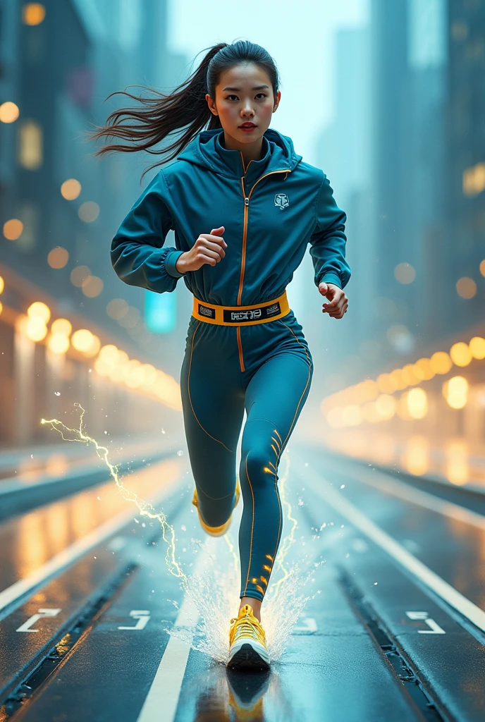 Chinese japan women average age wear jumpsuit high tech(( blue yellow)) ((age 15year old)). high tech belt. ))Running effect. flat chest. Glowing yellow power.((wear jacket blue))short girl. Runfast effect.(( turtle neck dress)).. ((Wear blue big round glasses big frame)).running speed of light . latex suit. big tight.((flat chest breast)) running athlete.pontytail hair. Braces teeth.((running racing track )).Bokeh background. Panning effect. Yellow high tech watch. a beautiful young chinese women, , wearing a high-tech blue and yellow very tight jumpsuit.(( wear jacket bomber jacket blue yellow)), venus body type.. unning with style pose . ,floating water pallet, photorealistic.(( fast train effect))detailed facial features, long hair, elegant pose, dynamic lighting. ((glowing body yellow lightning thundereffect)), 8k, award-winning digital art, intricate details, vibrant colors, cinematic composition. very fasr run, highly detailed.(( star light trail effect)). speed of light. froze time effect. at the city.run water . spash water. the girl run fast on wet road. background speed of light((.knee cover shield ))