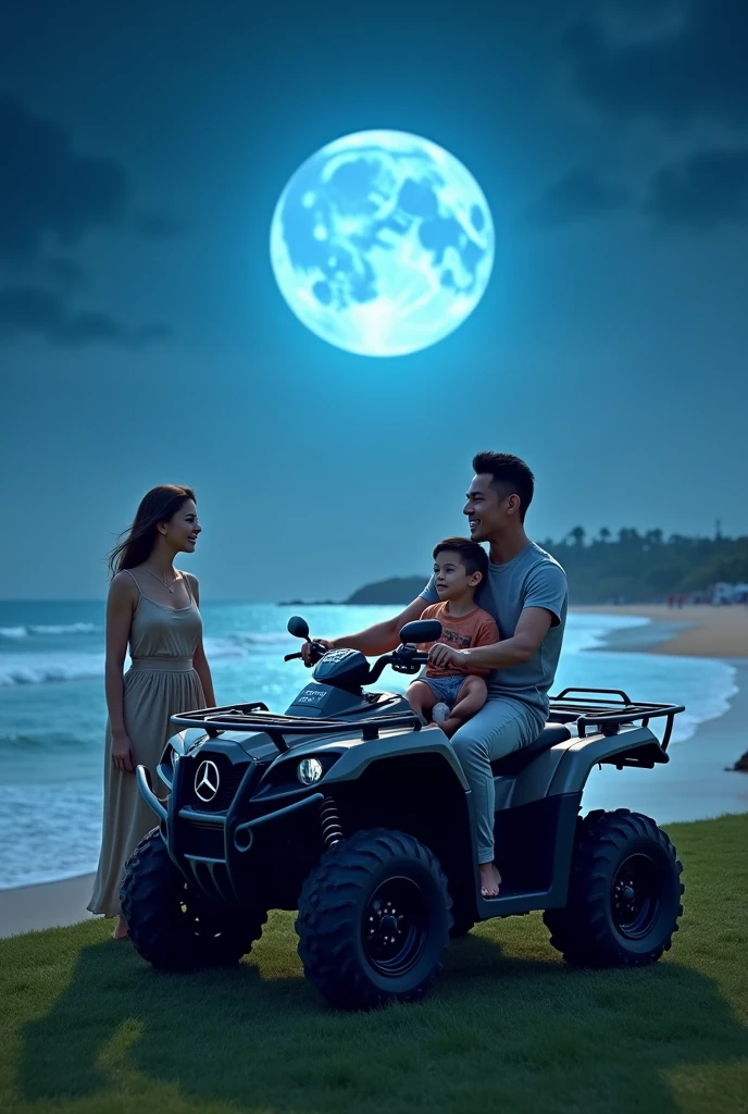 Dad and his son sitting on a Mercedes brand ATV and his wife watching from afar all of that on a lawn near the beach with a super blue moon