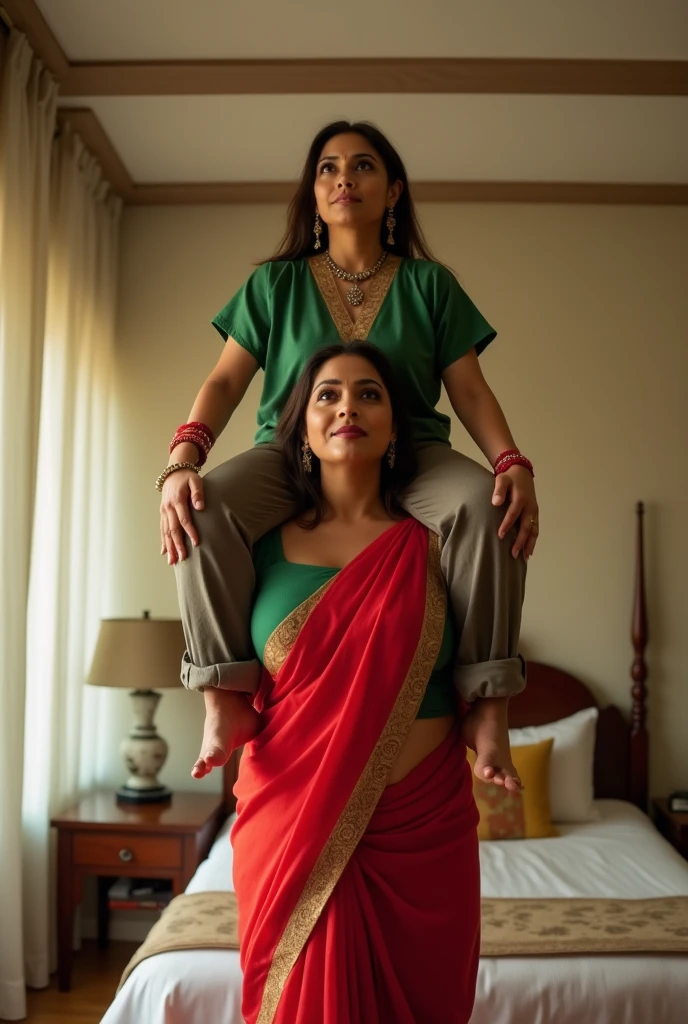 Beautiful and Slim Indian woman Aishwarya Rai in green blouse red saree lifting a large chubby man above her shoulders, man is sitting on woman's shoulders, in a bedroom with high ceiling, natural smile, woman is looking into the camera , full body image