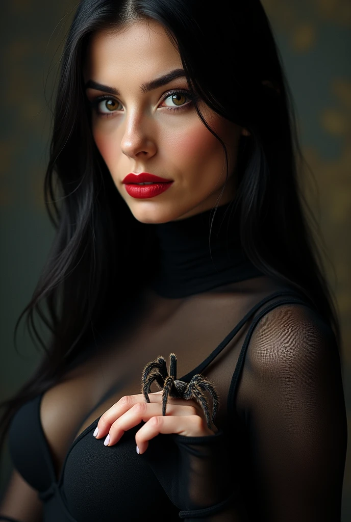 ultra realistic, photography, portrait, close-up, extreme close-up, long black straight hair, (30 years old, hazel eyes, hourglass figure, perfect fit body, slightly tanned skin, natural big breasts), red lipstick, she is wearing a tight black turtleneck top with a sheer spiderweb design, she has a tarantula crawling over her hand