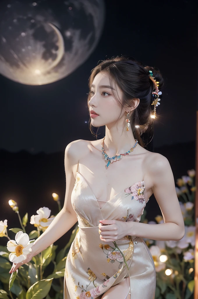 (((best quality))),(((ultra detailed))),(((masterpiece))),illustration,((1 beautiful girl,solo)),(neat chignon:1.2),((earrings,crystal necklace)),((slim,thin)),((small breasts,flat chest)),(slender legs:1.2),(stockings:1.3),(a moon in the clear night sky as the background:1.3), gentle glow,(Standing in the world full of vibrant flowers:1.3),(gorgeous Chinese dress:1.3),sparkling eyes,graceful,(surrounded by crowded colorful flowers:1.5), kaleidoscope, shimmer,bright moonlight, delicate petals, fragrance, otherworldly, magical realm, enchantment, tranquility, essence of beauty, peace,(outdoor:1.),(night scene:1.3),((from front,upper body))