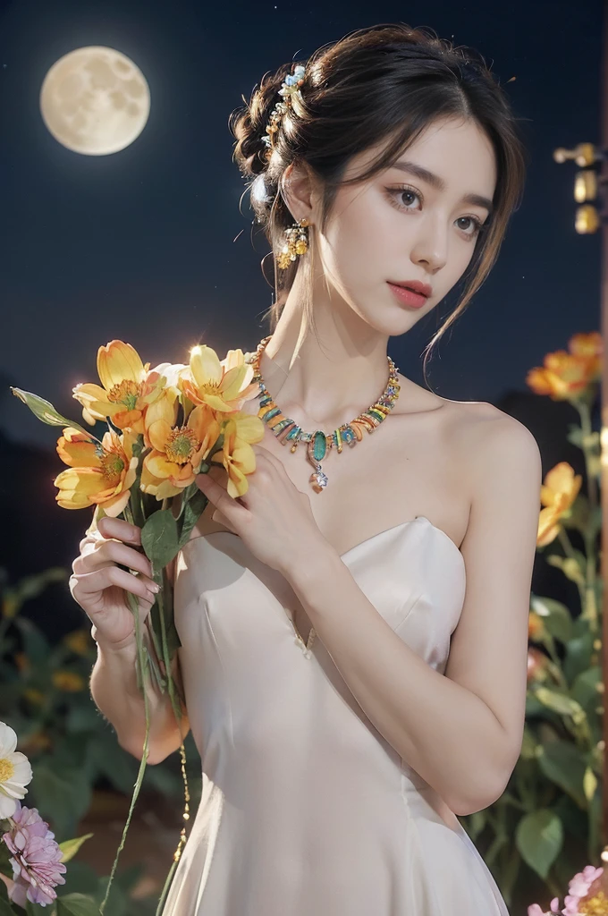 (((best quality))),(((ultra detailed))),(((masterpiece))),illustration,((1 beautiful girl,solo)),(neat chignon:1.2),((earrings,crystal necklace)),((slim,thin)),((small breasts,flat chest)),(slender legs:1.2),(stockings:1.3),(a moon in the clear night sky as the background:1.3), gentle glow,(Standing in the world full of vibrant flowers:1.3),(gorgeous Chinese dress:1.3),sparkling eyes,graceful,(surrounded by crowded colorful flowers:1.5), kaleidoscope, shimmer,bright moonlight, delicate petals, fragrance, otherworldly, magical realm, enchantment, tranquility, essence of beauty, peace,(outdoor:1.),(night scene:1.3),((from front,upper body))