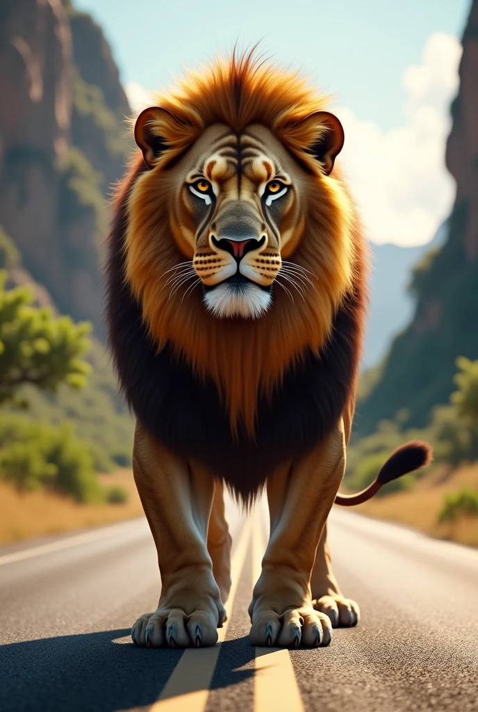 The lion on road with body muscles.