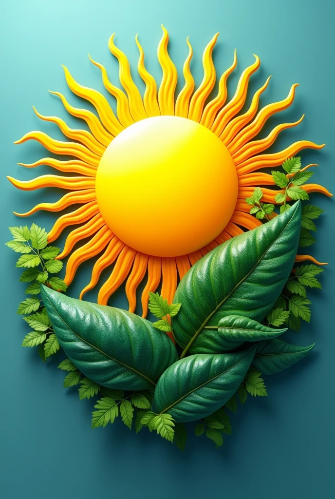 A logo for a solar panel company, the fusion between the sun and green leaves with blue and yellow details in 3D