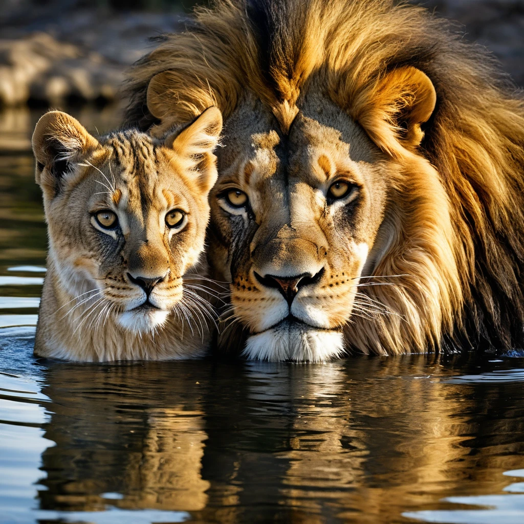 (((Masterpiece))) Digital art, ink wash, beautiful, spectacular. Aura of golden light like.
Create an image of a majestic adult male lion with a full, voluminous mane in rich shades of golden brown, his fur meticulously detailed and textured. The lion is positioned to the left, lying down, its body tilted towards us, its massive head facing a small gray tabby cat. The cat, on the right, sits upright, its body facing the lion, in a posture that suggests both curiosity and balance. The lion's piercing amber eyes stare intently and calmly at the smaller feline, who looks back with an equally steady gaze.
The setting is a subtle dark gradient background that transitions from a deep charcoal at the top to a slightly lighter shade at the bottom, creating an intimate and focused atmosphere. Both the lion and the cat are situated in such a way that they are perfectly reflected in the calm, mirror-like water below them, which extends across the frame. The light source appears to come from the front, casting slight reflections on the faces of the animals and the ripples of the water, thus reinforcing the depth and realism of the scene. The general mood is one of quiet conversation and unexpected kinship between species of very different sizes and strengths.