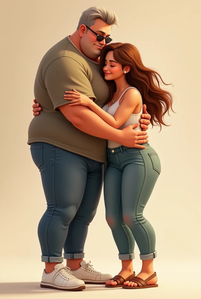 robust woman with long brown hair, with bluza ,jeans white sneakers,tall man short hair white skin with sunglasses and jeans, hugged, ager woman with long hair and Pixar style sandals