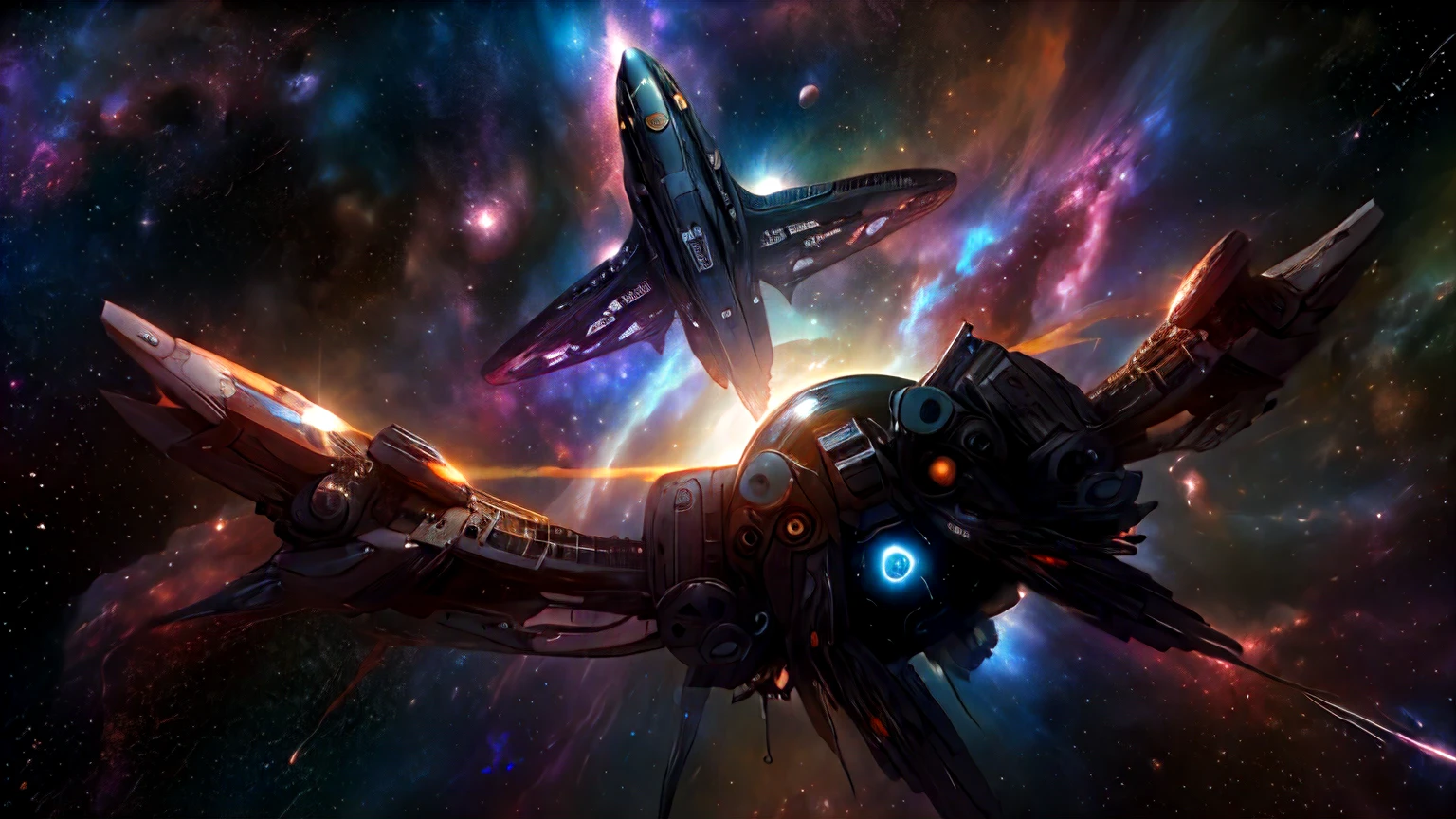 spaceship in the foreground, ao fundo nebula, Science fiction, deep space, nebula, 4K