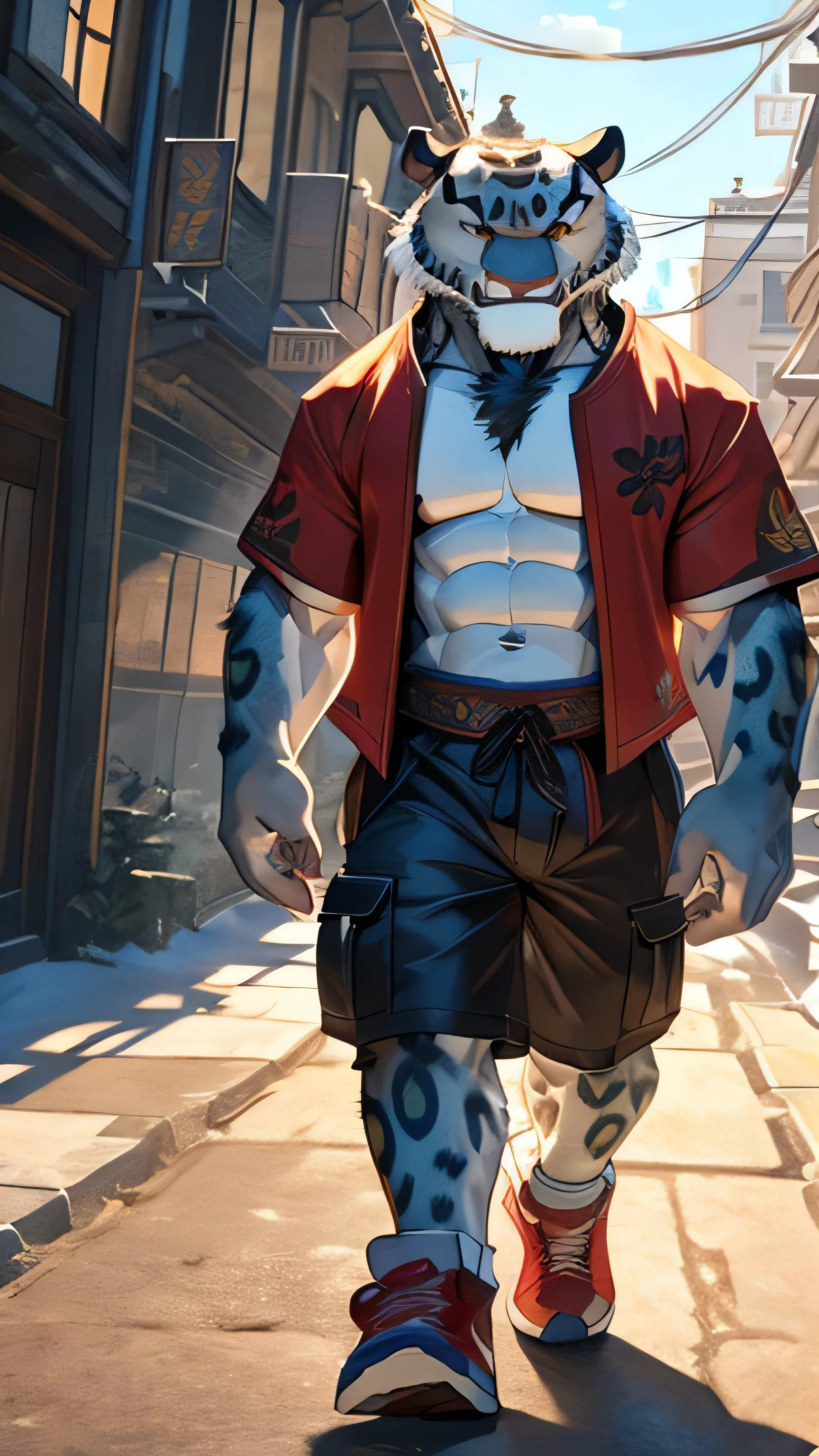 Kung Fu Panda cartoon, furry snow leopard Tai Lung, handsome, extremely beautiful face, perfectly detailed yellow eyes with perfectly detailed pupils, muscular body, six pack abs, gentle look, red t-shirt, cargo shorts, blue sneakers, sexy, hot, tall, slender, smile, walking on streets 