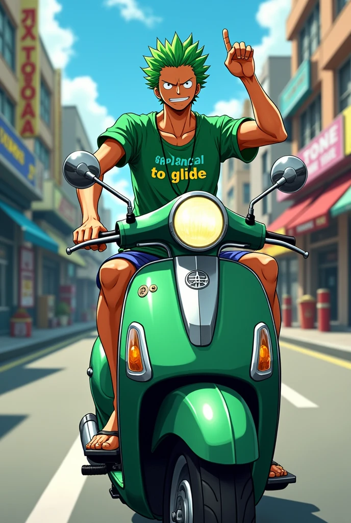 Zoro rides a Yamaha moped wearing a green shirt with the word MELUNCUR written on his shirt while raising his left hand