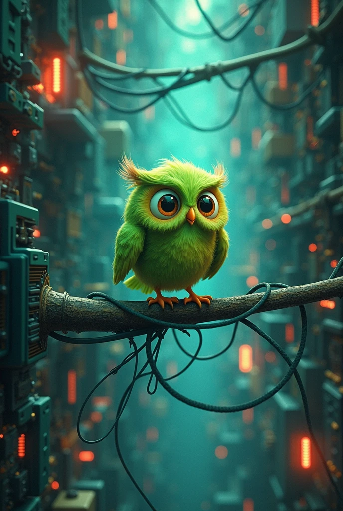 a green cartoon owl, digital universe, wiring, electronic components, intricate details, vibrant colors, 8k, photorealistic, cinematic lighting, masterpiece