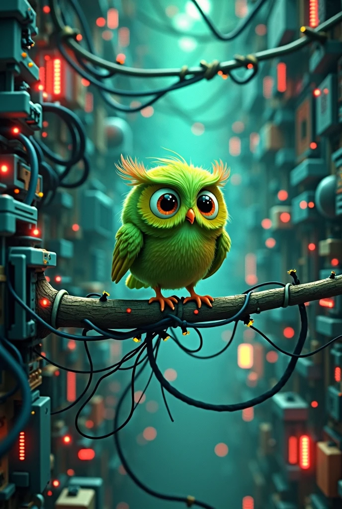 a green cartoon owl, digital universe, wiring, electronic components, intricate details, vibrant colors, 8k, photorealistic, cinematic lighting, masterpiece