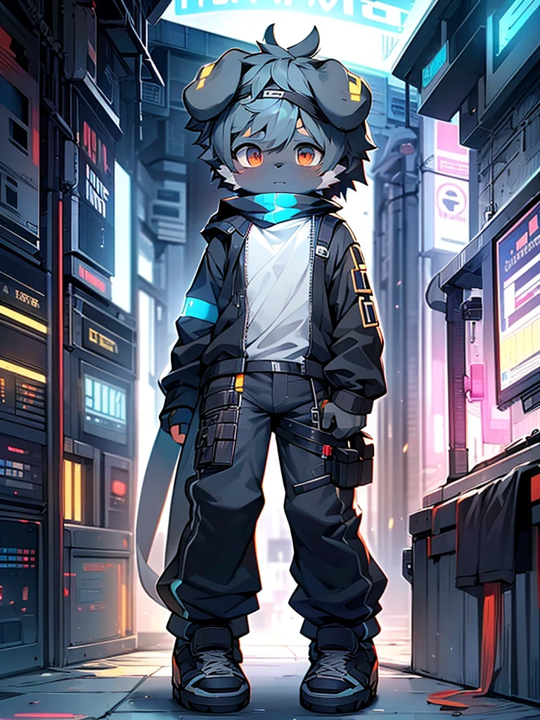 Shota,puppy,Shorty,Q version,Cyberpunk,Full body front,Gray color,Blank Background,Setting diagram
