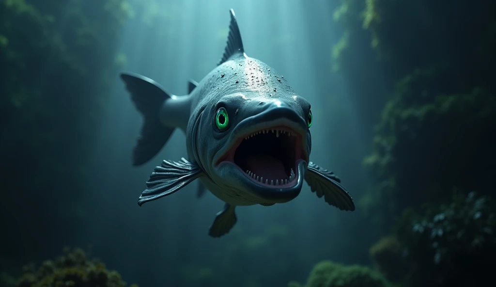 There is a shadow、Fish salmon、The fish has small black spots on its body.、His eyes are shining、There are no humans、Facing forward with mouth open